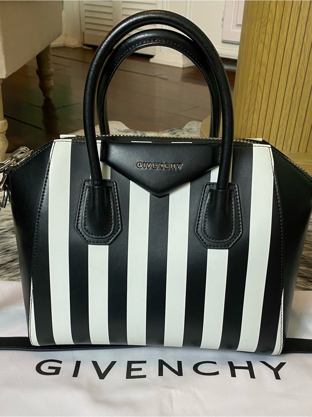 GIVENCHY ANTIGONIA BAG, LARGE BLACK & WHITE STRIPED SMOOTH CALFSKIN